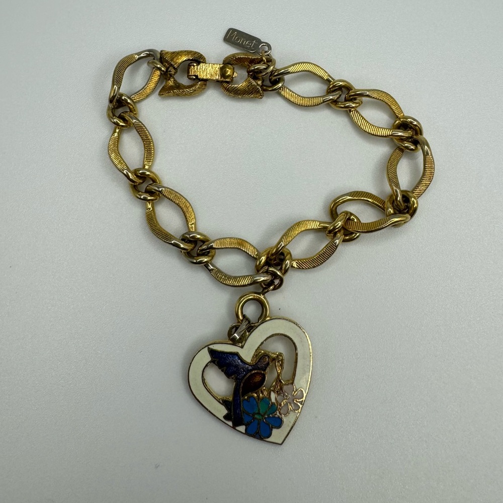 Vintage Monet Gold Tone and Enamel Heart and Hummingbird Charm Bracelet